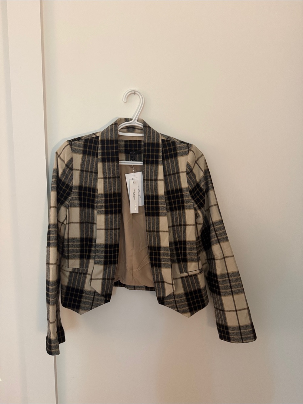 DREW Black & Cream Plaid Open-Front Crop Blazer